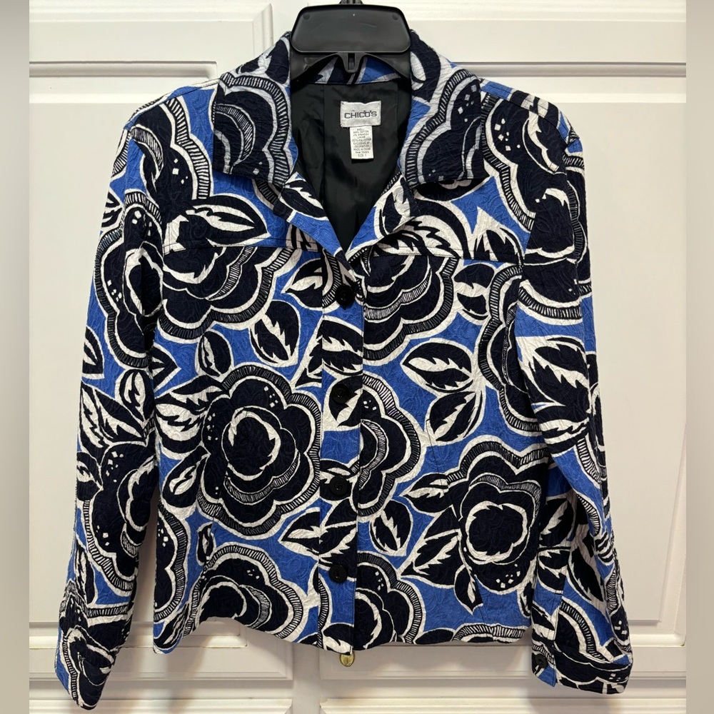 Chico's Swing Jacket A-Line Beaded Floral Navy Blue White Women Size M Chico’s 1